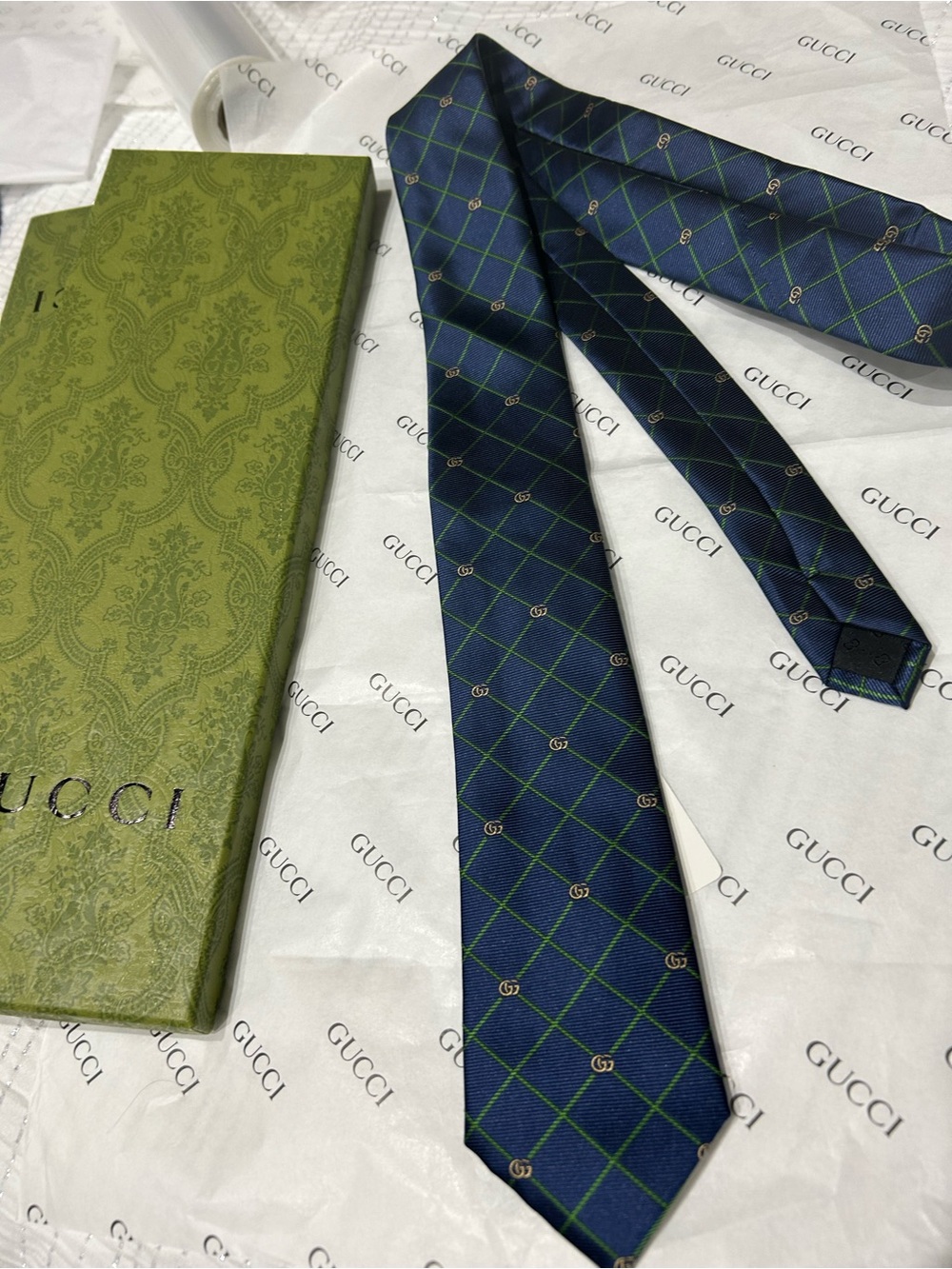 Gucci Navy & Green GG Grid Silk Tie